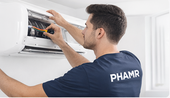 Técnico da PHAMR realizando manutenção em ar-condicionado