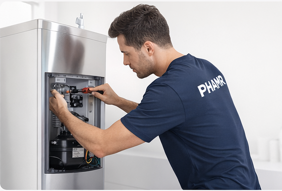 Técnico da PHAMR realizando manutenção em bebedouro